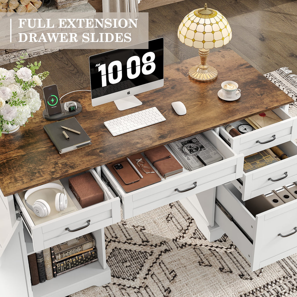 Alohappy Executive Desk with File Drawers, 55'' Farmhouse Desk Modern for Adult Home Office, White