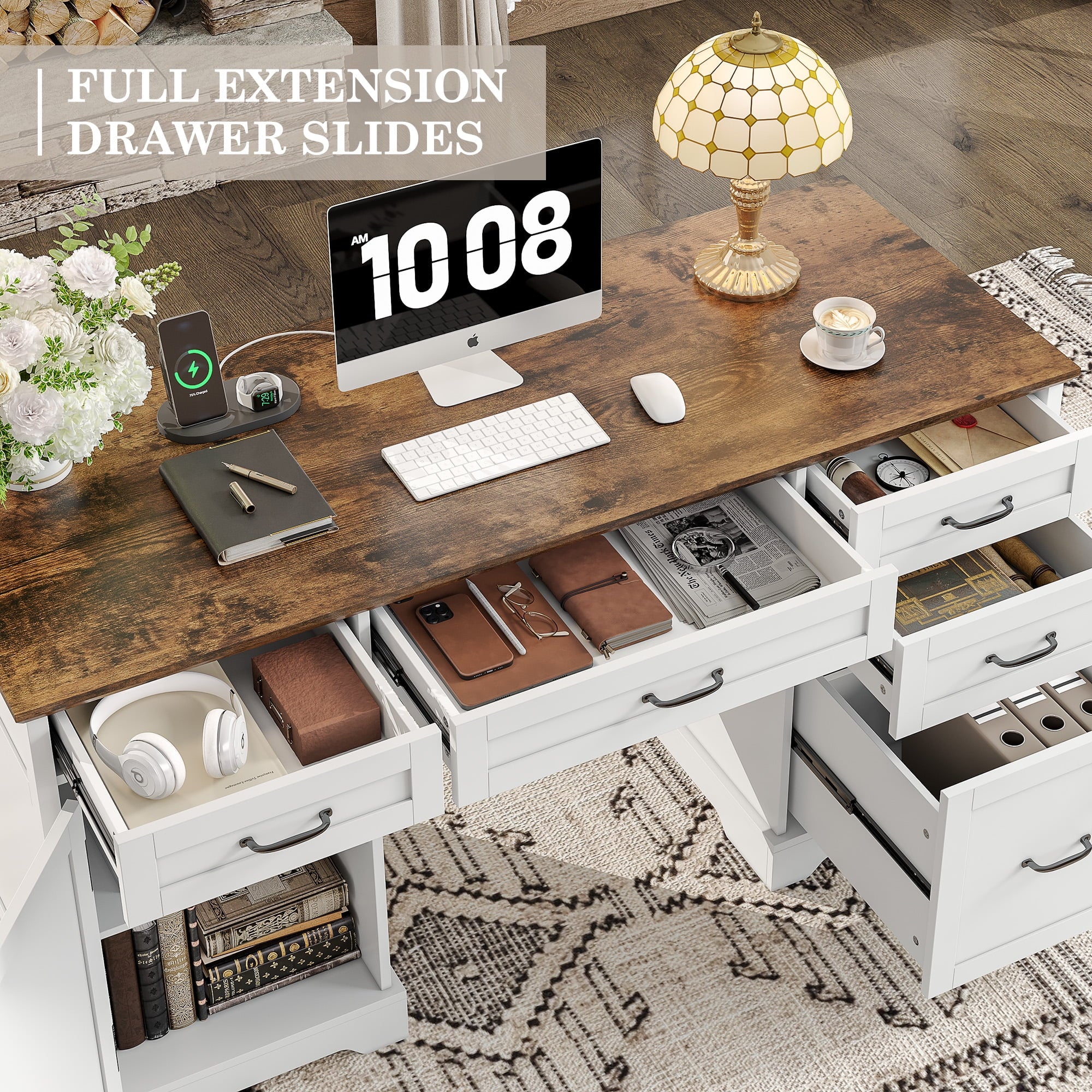 Alohappy Executive Desk with File Drawers, 55'' Farmhouse Desk Modern for Adult Home Office, White