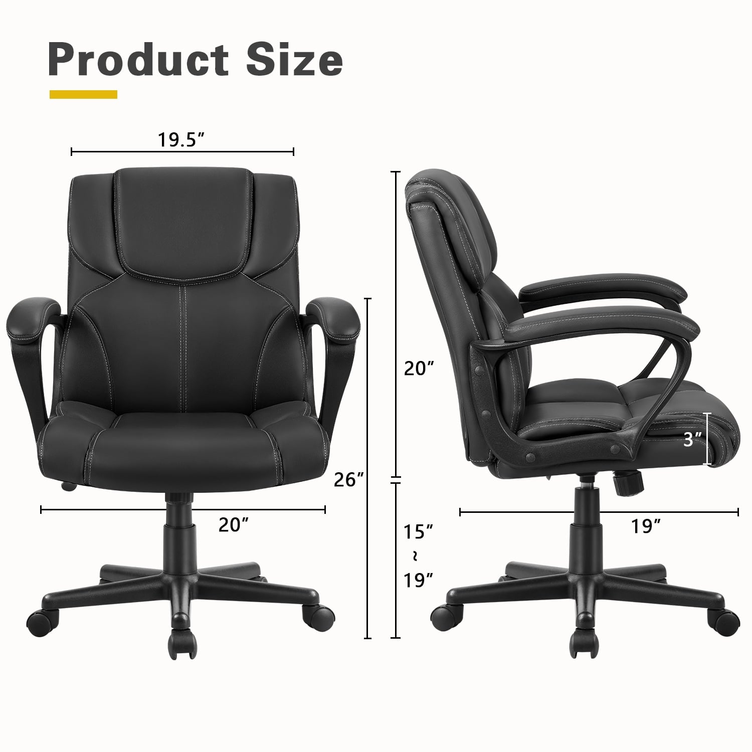 Furmax Mid Back Executive Office Swivel Computer Task Armrests Ergonomic Leather-Padded Desk Chair with Lumbar Support, Black