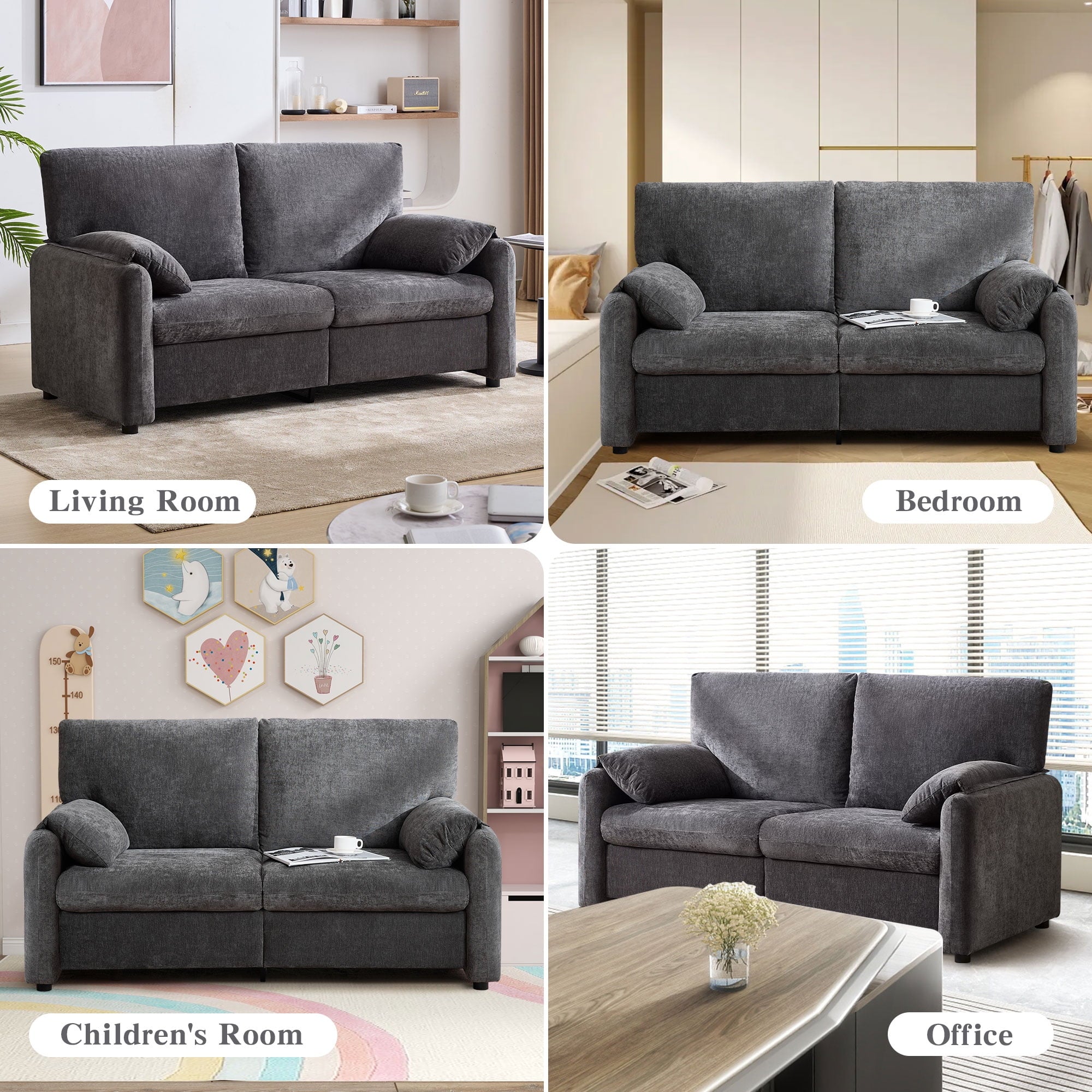 JONPONY 70"Chenille Loveseat, Cloud Couch with Soften Arms for Small Spaces , Neck Extra Deep Seats Sofas, Grey